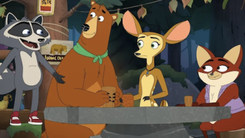 Mating Season screenshot 1: Cartoon animals at a stone table talking, set in a forest at night.