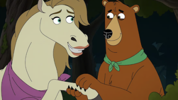 Mating Season screenshot 2: Animated horse and bear holding hands in a forest. 