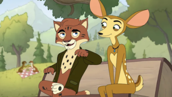 Mating Season screenshot 3: Cat and deer sitting on a park bench, trees in the background.