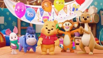 Me & Winnie The Pooh: Piglet, Eeyore, Winnie The Pooh, Tiger and Kanga hold balloons inside the treehouse, smiling at the camera.