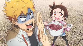 Medalist: Inori excitedly shows Tsukasa a bag of worms. Tsukasa is horrified.