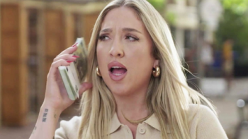 Million Dollar Nannies TV show screenshot 1:Leah Barrs with long blonde hair talking on phone outdoors.