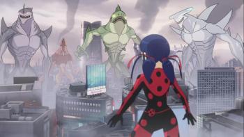 Miraculous World Tokyo Stellar Force TV screenshot 2: Ladybug overlooks the fog-filled city of Tokyo where giant monster-like sea creatures approach