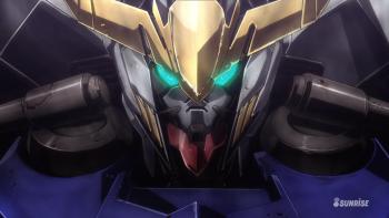 Mobile Suit Gundam Iron blooded Orphans TV show: A closeup shot of a Mobile Suit Gundam’s head is shown, the head of the robot resembles an old samurai helmet with glowing green eyes.