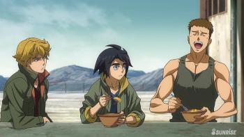 Mobile Suit Gundam Iron blooded Orphans TV show: Three boys eat lunch at their military basecamp, one is cheerful and joking around while the other two look unamused.