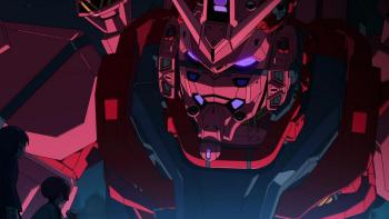 Mobile Suit Gundam GQuuuuuuX TV Show: A giant red Gundam robot stares down at Amate and Nyaan
