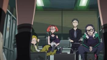 Mobile Suit Gundam GQuuuuuuX TV Show: Annqi, Haro, Jezzi, Kaine, and Nabu sit down, staring at Amate in disbelief