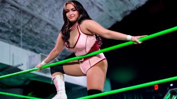 Monster Factory TV show: screenshot 3: wrestler Gabby Ortiz stands on the ropes