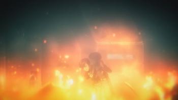 Moonrise TV show screenshot 1: Two small children carry each other through a burning room. They're obscured by flames.