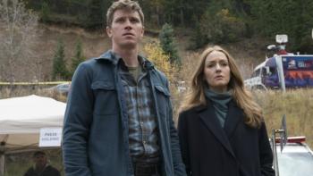 Mosaic Series: A man and a woman are standing together in front of a mountain with a news van parked just over their shoulder; both look upset. 