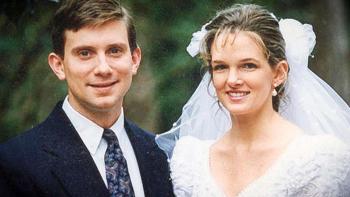 Mr. and Mrs. Murder TV show screenshot: Headshot of a white couple on their wedding day, the bride is wearing a white dress