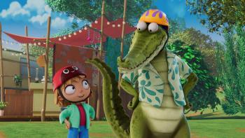 Mr. Crocodile TV show screenshot 1: Daisy and Mr Crocodile smile and look at each other wearing helmets with hands on the hips.