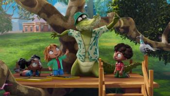 Mr. Crocodile TV show screenshot 2: Daisy and Mr Crocodile with the right hand up talking to their friends up a treehouse.