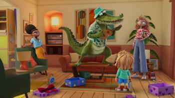 Mr. Crocodile TV show screenshot 3: Mr Crocodile sings a birthday song to Daisy while her mom and stepmom watch happily from the sides.