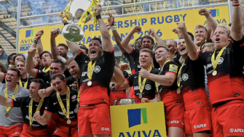 Mud, Sweat and Tears screenshot 2: Sarasens team holds up Premiere Rugby Cup after winning in 2016.