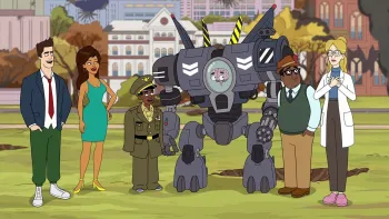 Mulligan TV Show: The cartoon president and his advisors stand with a robot