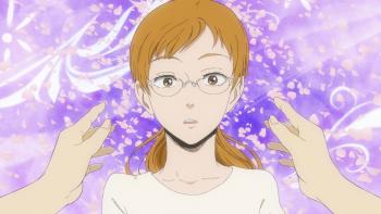 Murai in Love: Murai's hands reach out to Ayano who looks surprised. Purple glittery background.