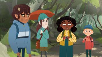 My Brother the Minotaur TV show screenshot 1: Lorcan, Charlie, Harper and Dana stand in the woods