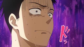 My Dress-Up Darling: A close-up of Gojo's face. He is sweating nervously. A heartbeat sound effect is written out in Japanese characters.