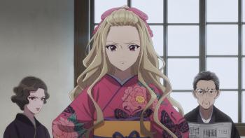 My Happy Marriage: Kaya, Kanoko, and Shinichi Saimori look sternly and disdainfully at an off-screen Miyo