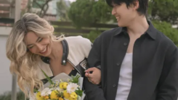 My Korean Boyfriend TV show screenshot 2: A woman holding flowers and a Korean man's arm while they laugh. 