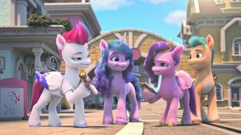 White, purple, pink, and brown ponies look at each other while holding instruments.