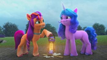 Sunny and Spike stand in front of a field, with one of their hooves on an oil lamp.
