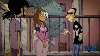 My 2 Cents TV show screenshot 3: Zero looks upset as he questions two of his friends in a street corner. 
