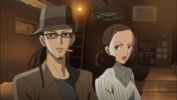 Nana: Kyousuke and Junko smile, surprised, at someone off-screen. They sit at a bar. Kyousuke smokes a cigarette.