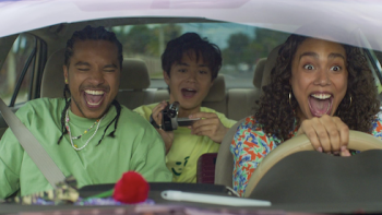 Neon screenshot 1: Santi, Felix, and Ness in car driving to Miami. 