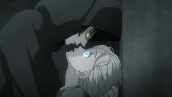 Nina the Starry Bride TV show screenshot 2: Black and white image of Azure leaning over Nina, only their eyes are colored