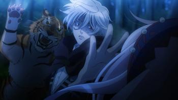 Nina the Starry Bride TV show screenshot 3: Set pushes Nina away as a tiger attacks them at night