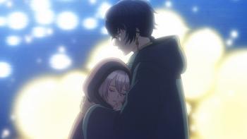 Nina the Starry Bride TV show screenshot 4: Nina and Azure hug, behind them lights glow against a dark sky