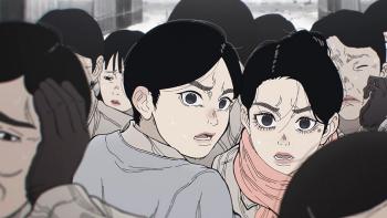 Nippon Sangoku TV Show screenshot 2: Saki Higashimachi, Aoteru Misumi, and people in a crowd stand together looking terrified