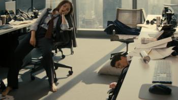 Not Suitable for Work TV show screenshot 2: AJ and Davis sleep in their office; AJ dozes in a chair, Davis lies under a desk