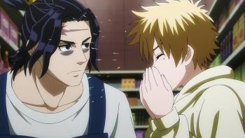 Nyaight of the Living Cat TV show screenshot 1: Kunagi stares blankly at Tstutsumi as she laughs in the grocery store