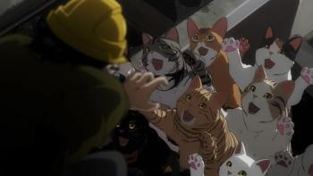 Nyaight of the Living Cat TV show screenshot 2: An unnamed character is cornered by eight cats that reach out to him wanting to be pet