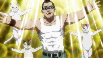 Nyaight of the Living Cat TV show screenshot 3:Tanishi and three cats float with their arms out in front of a bright yellow background