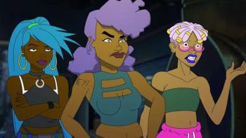 Ladi, Sunny, and Tulip stand with arms crossed or on their hips, serious expressions on their faces