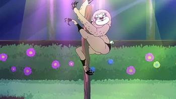 A sloth with long eyelashes hangs from a stripper pole, wearing black underwear