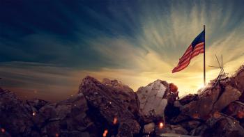 Oklahoma City Bombing: One Day in America TV show screenshot: An American flag rests in front of a sunset and some ruins from a bombing.