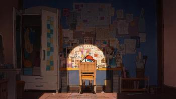 One Piece Fan Letter TV show screenshot 1: A girl rests her head on her desk. A spotlight illuminates her. Her room is decorated with Wanted posters.