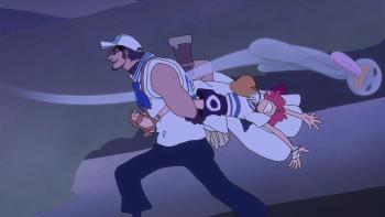 One Piece Fan Letter TV show screenshot 2: An adult man in a sailor's outfit gives a girl a piggyback ride. 