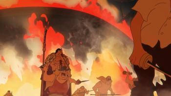 One Piece Fan Letter TV show screenshot 3: People holding weapons rush on-screen. A fire blazes behind them as if the setting is burning.