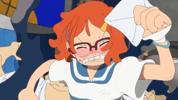 One Piece Fan Letter: A crying, red-faced girl grimaces in determination as she runs through a crowd of people. She hold a letter in her hand.