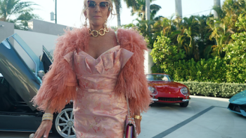 Palm Beach: Members Only TV show screenshot 1: Hilary Musser walking in parking lot in pink evening gown and sunglasses.