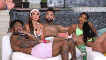 Perfect Match TV show: Two couples of various races sit on sofa looking at someone talking off camera. 