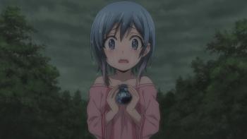 Plunderer: A young Hina cries and clutches a dark orb. On a rainy day, she watches her mother disappear (off-screen).