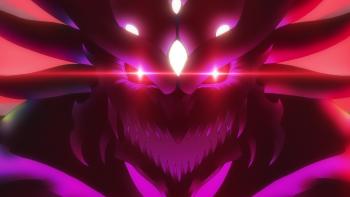 Plunderer: A close-up of a monstrous demon face. The eyes glow with bright pink light. The face is tinted by red and purple light.