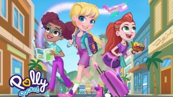 Polly Pocket: Adventures in Rio: Three girls stand near each other on a colorful animated street. 